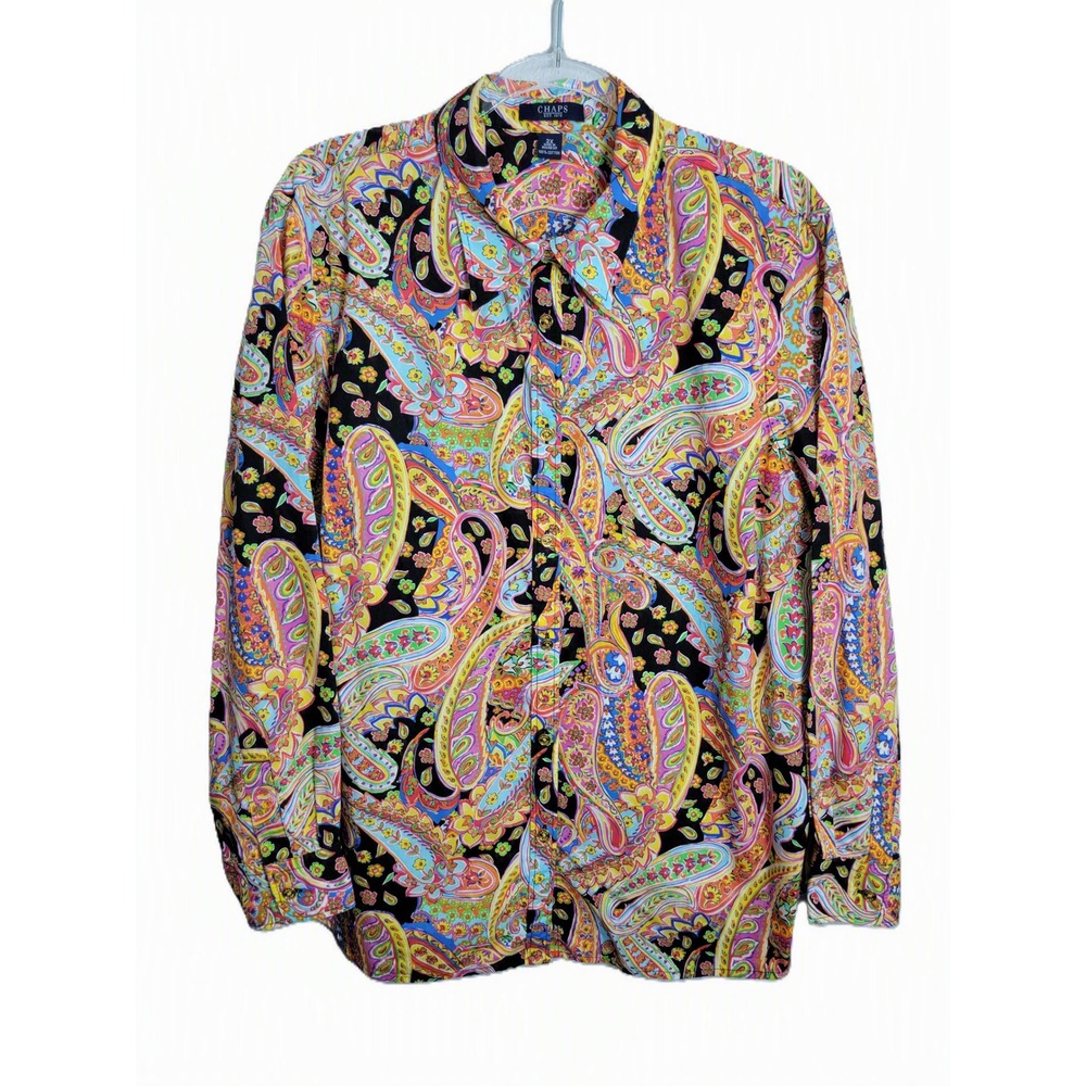 Chaps Womens 2X Button Down Shirt Multicolor Paisley Cotton Long Sleeve Print